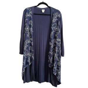 CHICOS | Navy Blue Long Line Open Front Cascade Front Cardigan Floral | Large